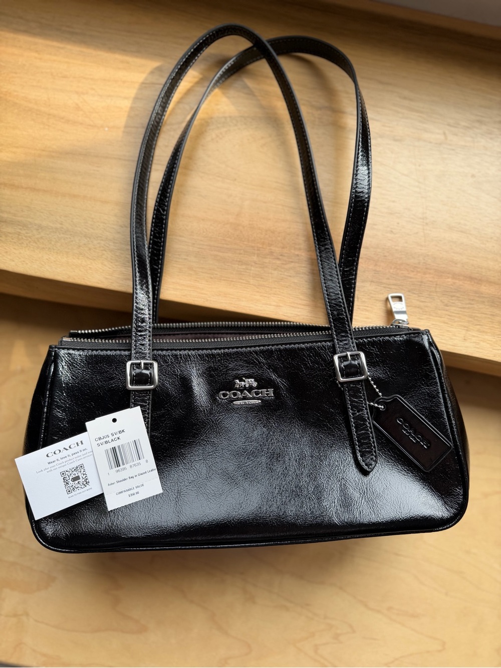Coach Asher Shoulder Bag in Glazed Leather Silver/Black